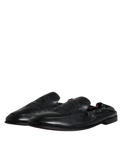 Black Logo Embroidered Leather Loafer Men Dress Shoes-Dolce & Gabbana-LabelTerrace.com