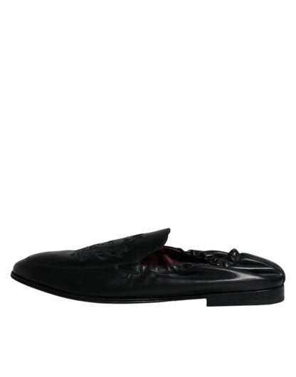 Black Logo Embroidered Leather Loafer Men Dress Shoes-Dolce & Gabbana-LabelTerrace.com