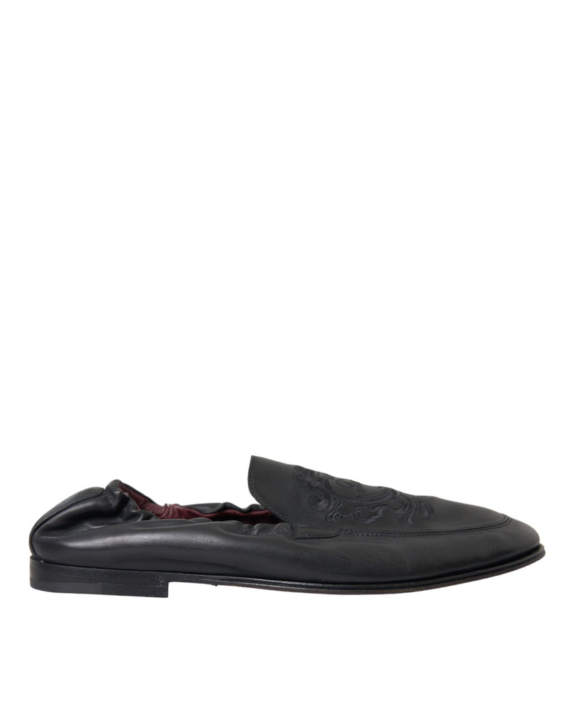 Black Logo Embroidered Leather Loafer Men Dress Shoes-Dolce & Gabbana-LabelTerrace.com