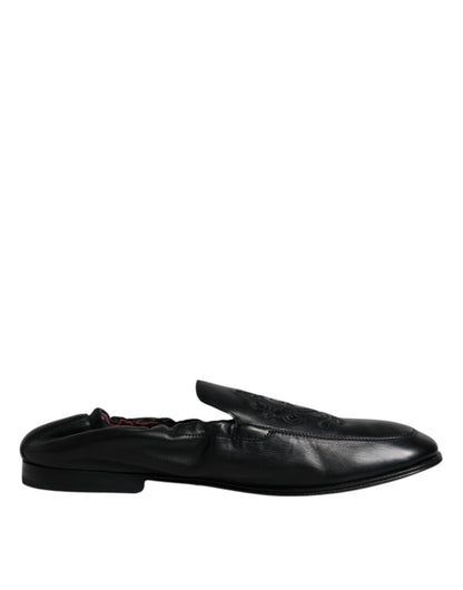 Black Logo Embroidered Leather Loafer Men Dress Shoes-Dolce & Gabbana-LabelTerrace.com