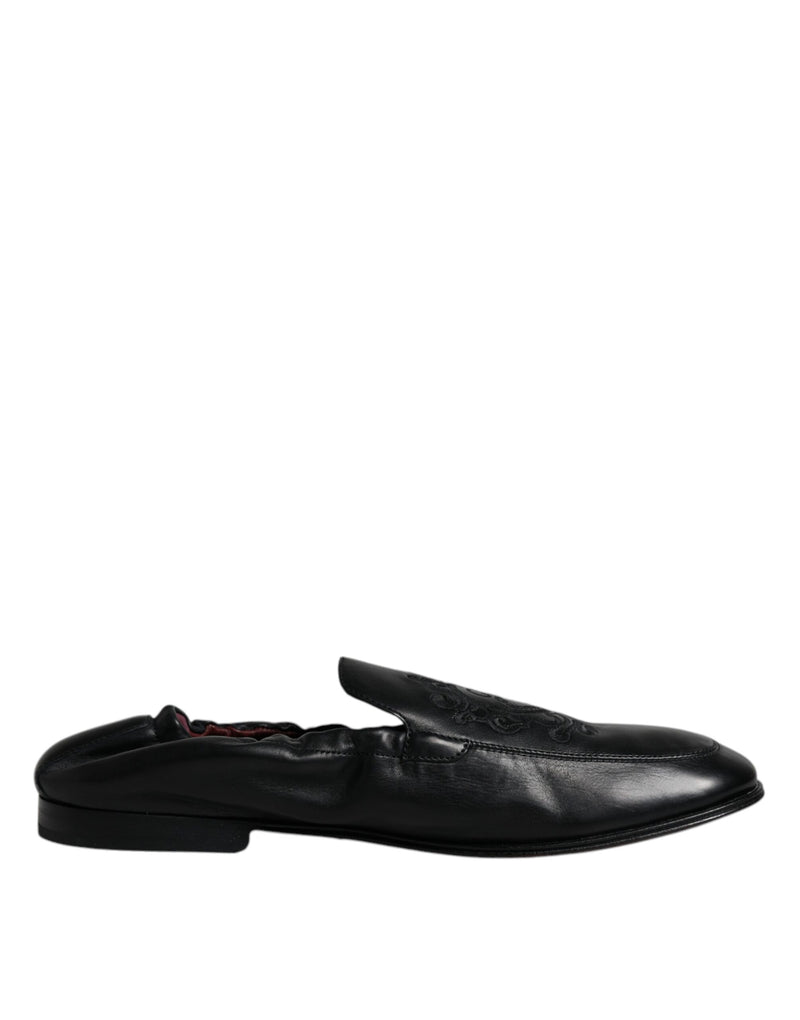 Black Logo Embroidered Leather Loafer Men Dress Shoes-Dolce & Gabbana-LabelTerrace.com