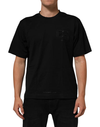 Black Logo Patch Cotton Men Crew Neck T-shirt