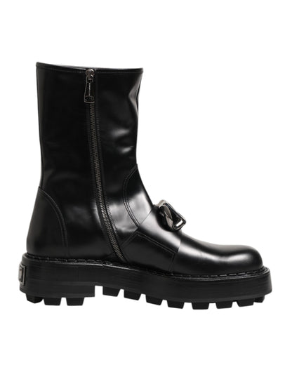Black Logo Plaque Mid Calf Biker Boots Shoes