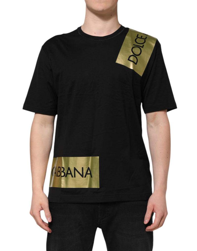 Black Logo Tape Cotton Men Crew Neck T-shirt-Dolce & Gabbana-LabelTerrace.com