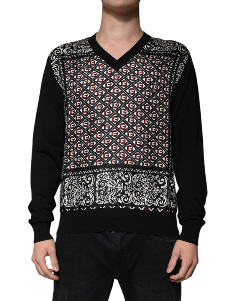 Black Logo Wool V-neck Pullover Sweater-Dolce & Gabbana-LabelTerrace.com