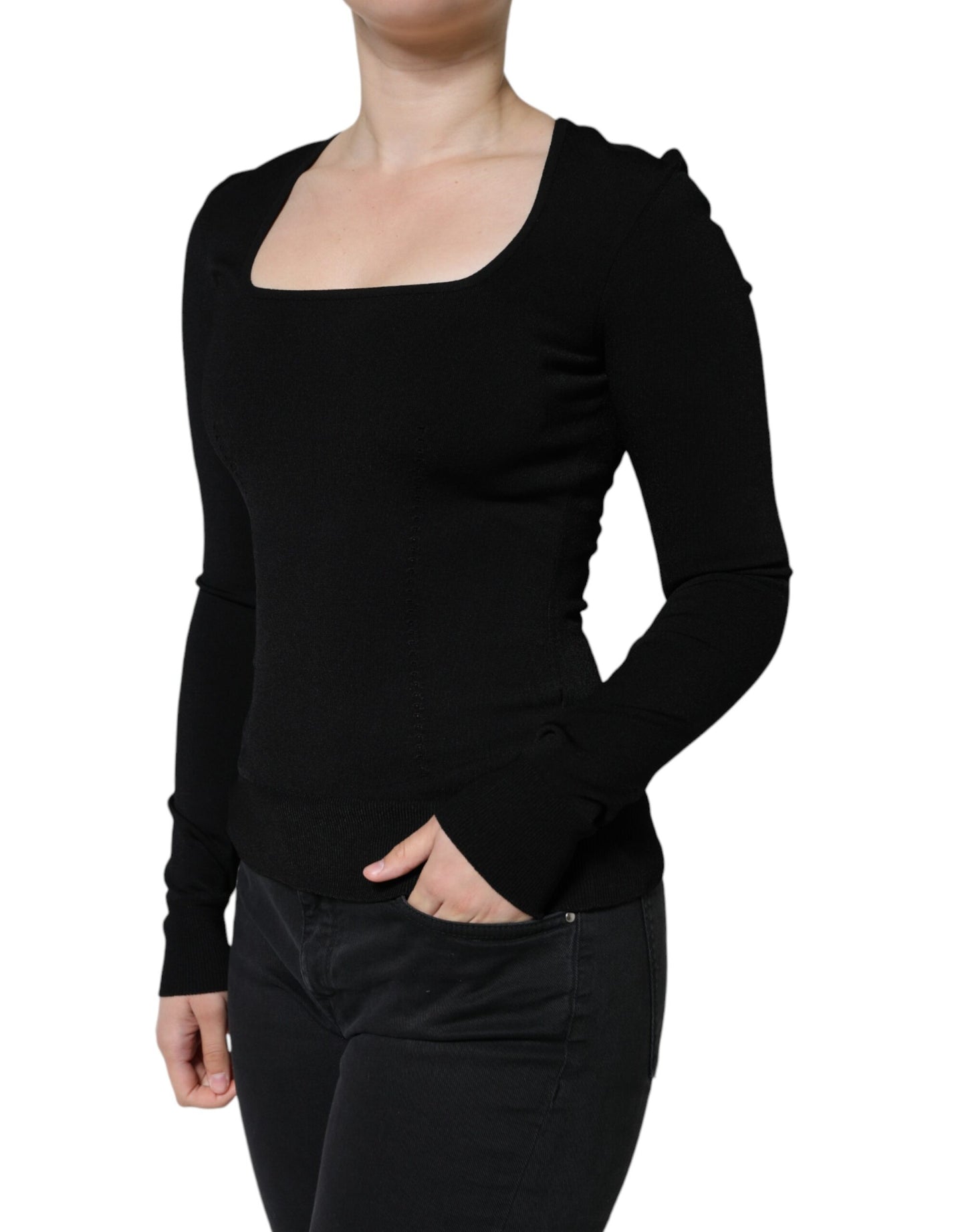 Black Long Sleeves Blouse Square Neck Top-Dolce & Gabbana-LabelTerrace.com