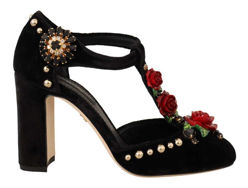 Black Mary Jane Pumps Roses Crystals Shoes-Dolce & Gabbana-LabelTerrace.com