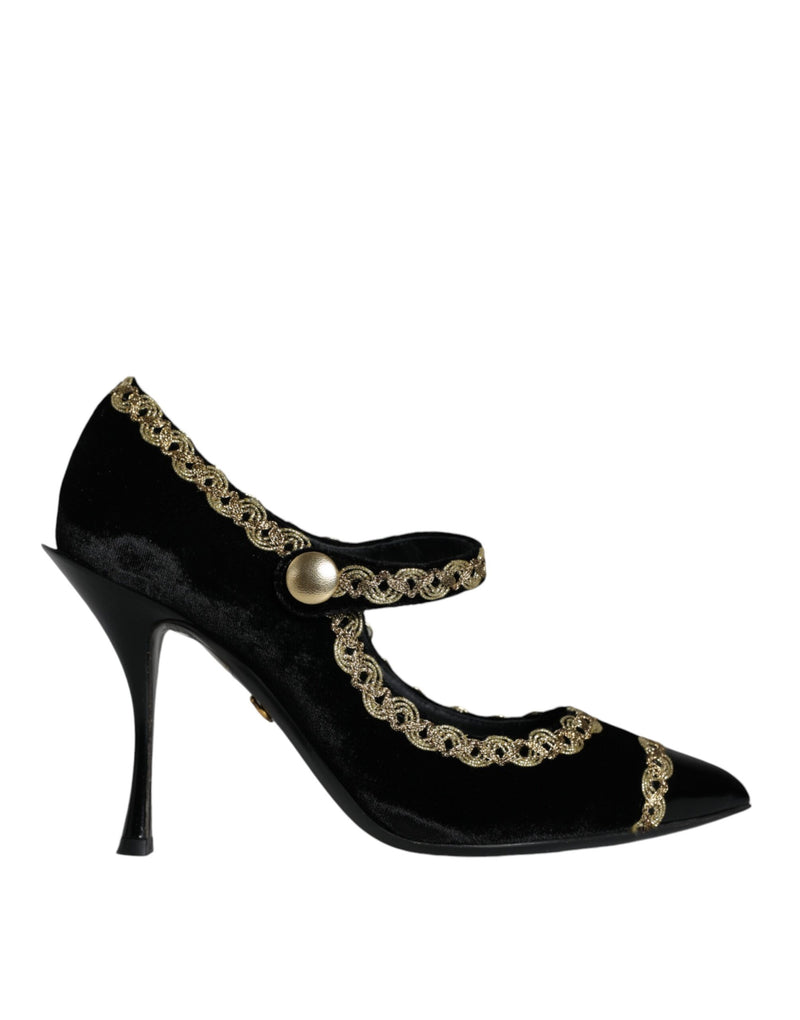 Black Mary Janes Velvet Gold Pumps Shoes-Dolce & Gabbana-LabelTerrace.com