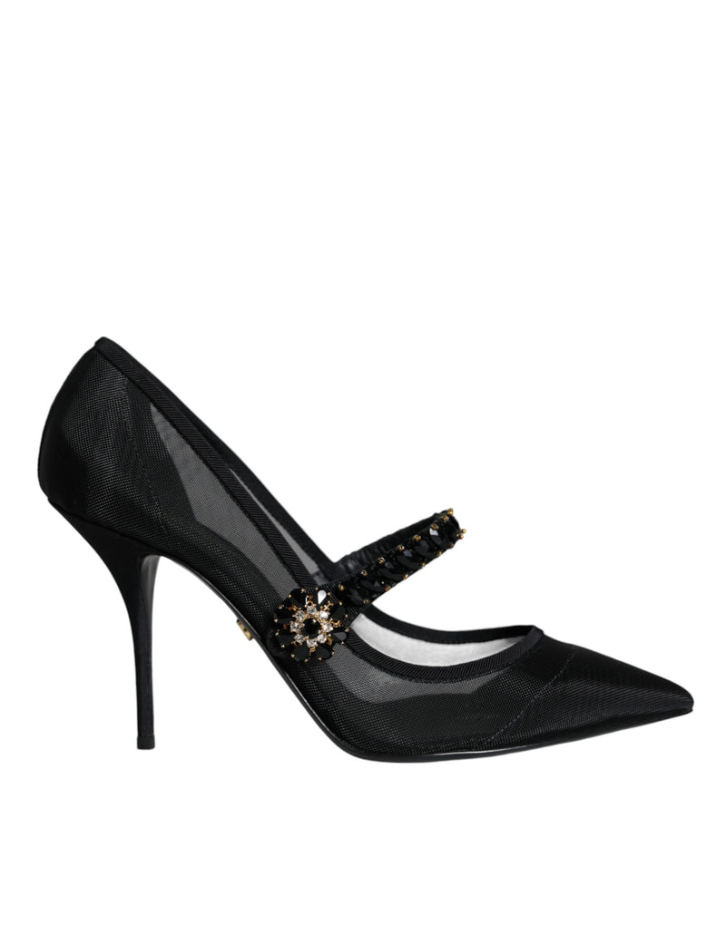 Black Mesh Mary Jane Crystal Heel Pumps Shoes-Dolce & Gabbana-LabelTerrace.com