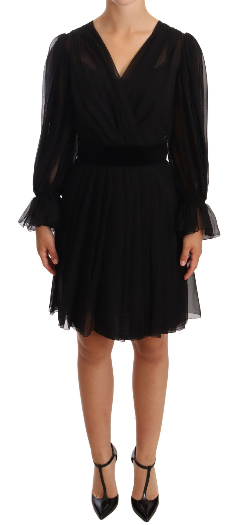 Black Mesh Pleated Mini Silk Stretch Dress-Dolce & Gabbana-LabelTerrace.com