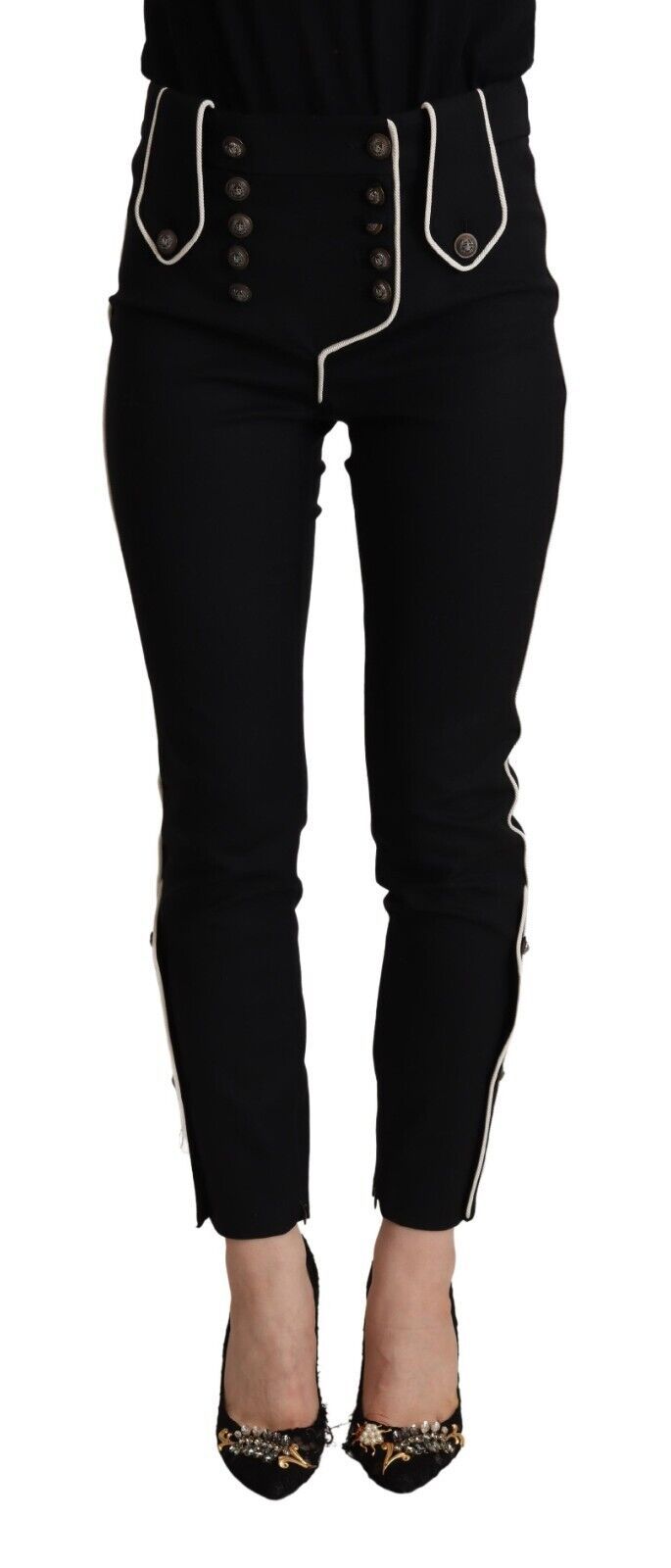 Black Mid Waist Button Embellished Slim Fit Pants-Dolce & Gabbana-LabelTerrace.com