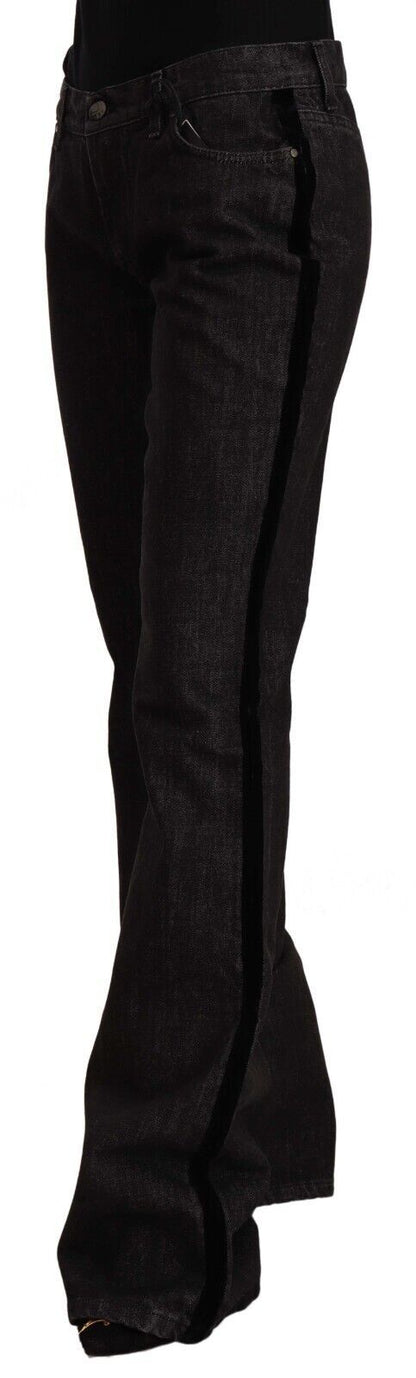 Black Mid Waist Cotton Denim Straight Boot Cut Jeans