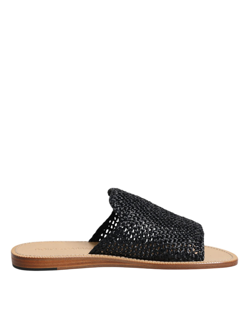 Black Monochrome Braided Raffia Slides Shoes-Dolce & Gabbana-LabelTerrace.com