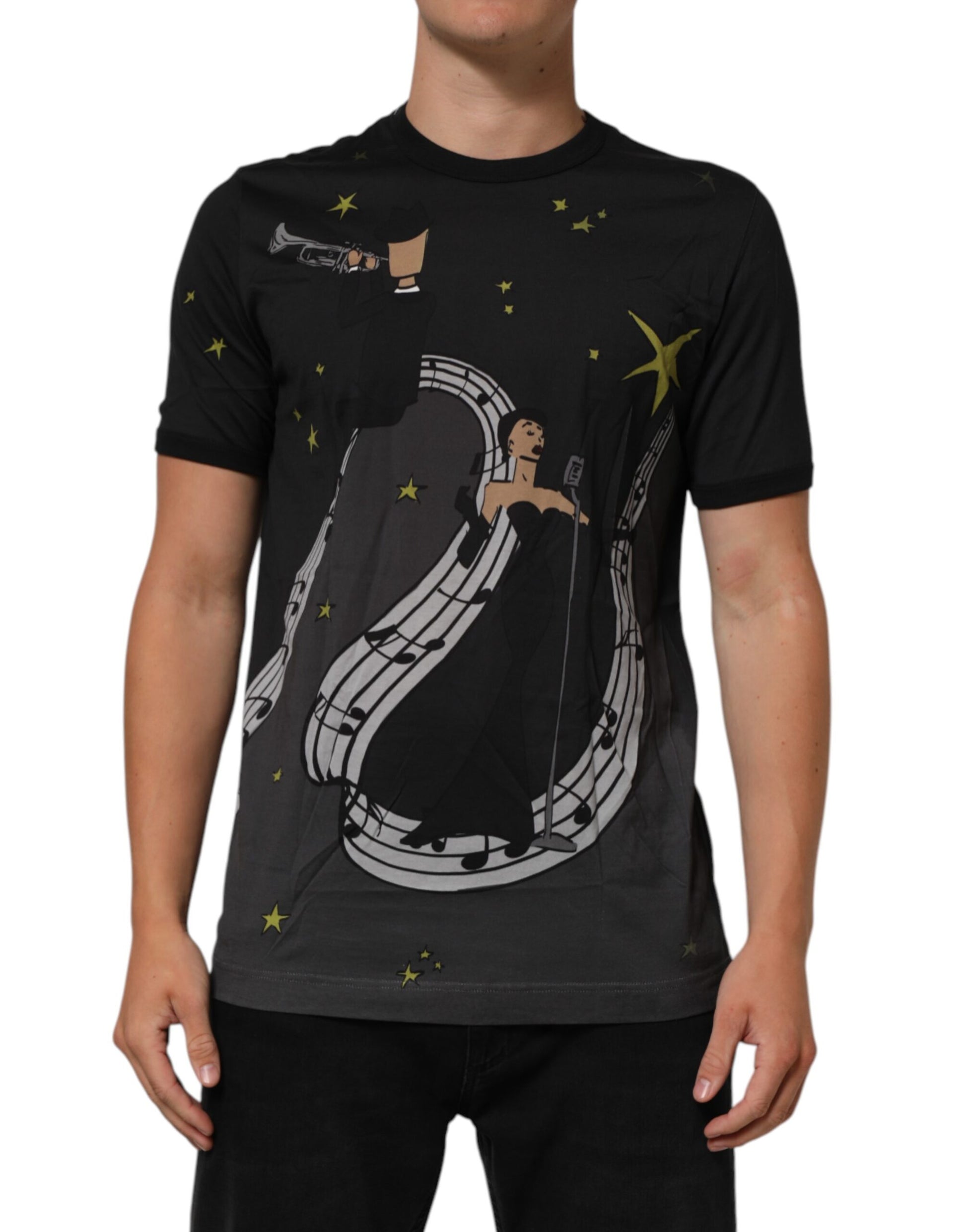 Black Musical Print Cotton Crew Neck T-shirt