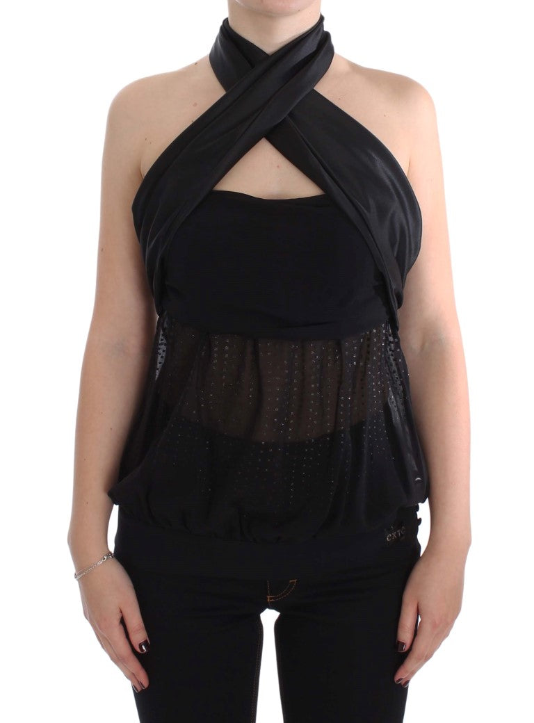 Black Neck Wrap Top Blouse-Exte-LabelTerrace.com
