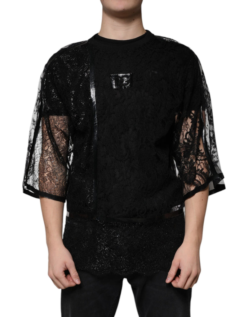 Black Nylon Floral Lace Crew Neck T-shirt-Dolce & Gabbana-LabelTerrace.com
