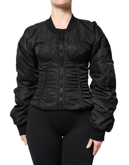 Black Nylon Full Zip Bustier Corset Jacket