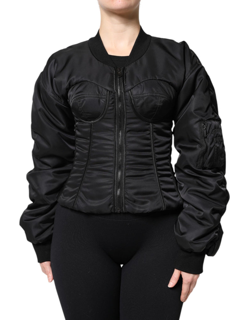 Black Nylon Full Zip Bustier Corset Jacket-Dolce & Gabbana-LabelTerrace.com