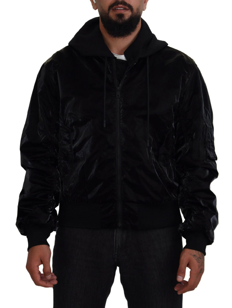 Black Nylon Hooded Full Zip Bomber Jacket-Dolce & Gabbana-LabelTerrace.com