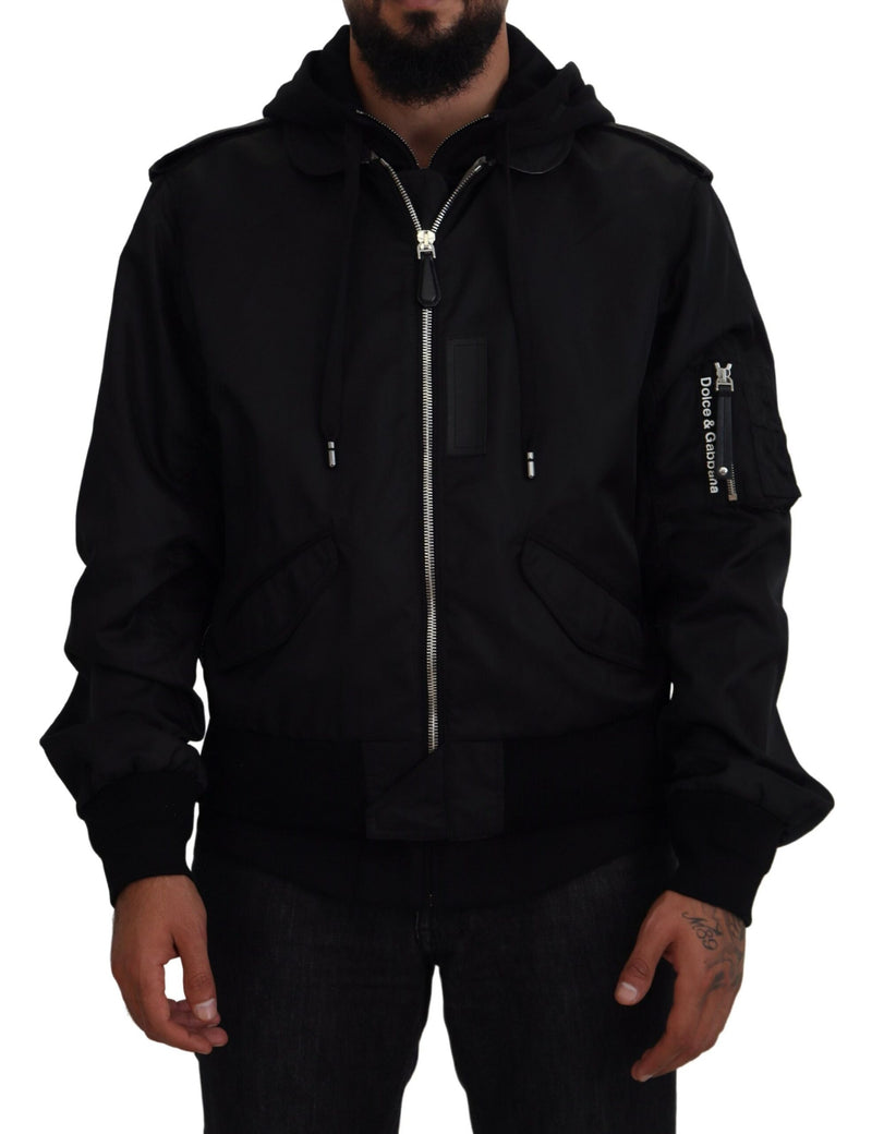 Black Nylon Hooded Full Zip Men Coat Jacket-Dolce & Gabbana-LabelTerrace.com