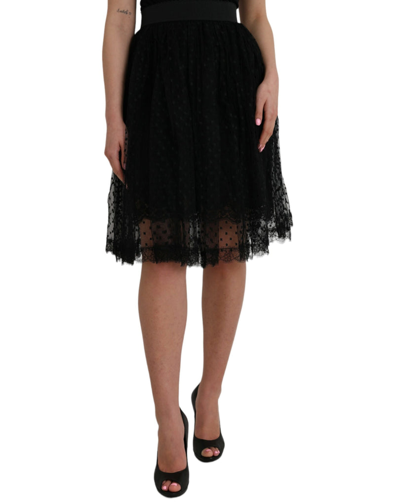Black Nylon Lace Trim High Waist A-line Skirt-Dolce & Gabbana-LabelTerrace.com