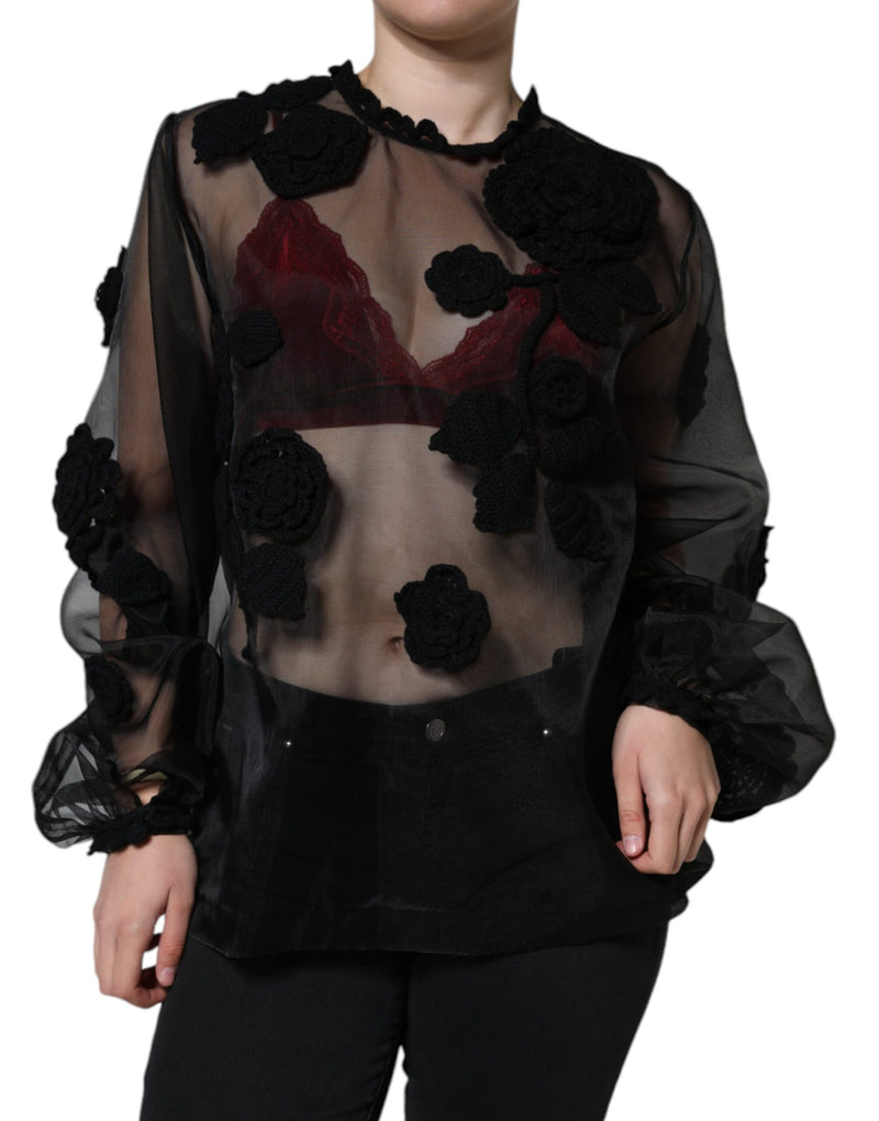 Black Nylon Mesh Transparent Floral Blouse-Dolce & Gabbana-LabelTerrace.com