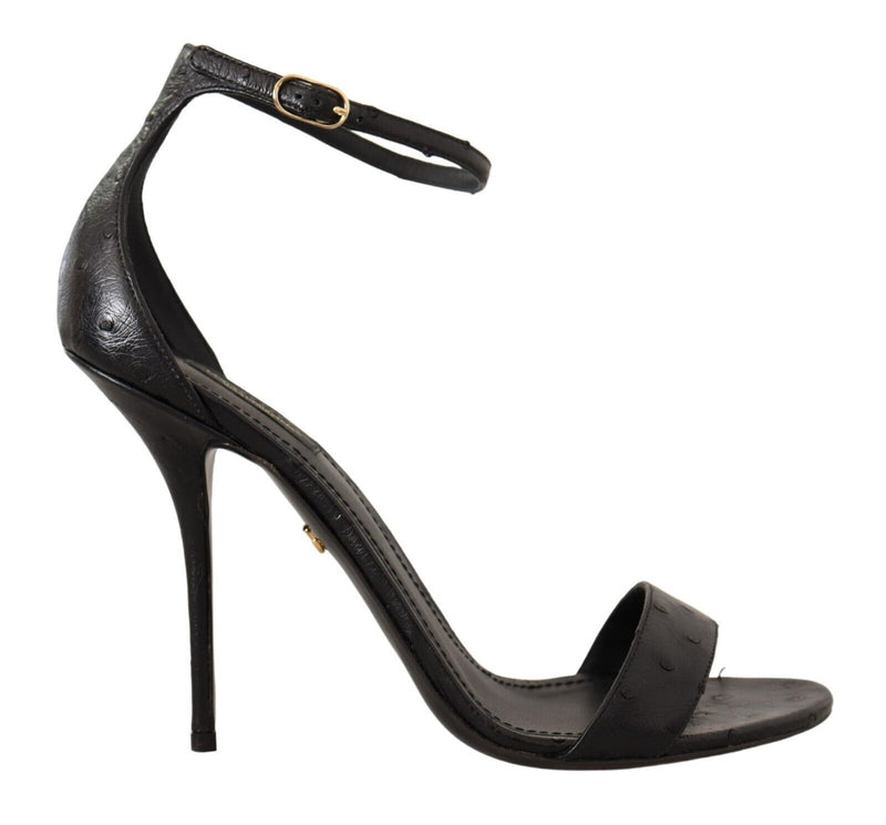 Black Ostrich Ankle Strap Heels Sandals Shoes-Dolce & Gabbana-LabelTerrace.com