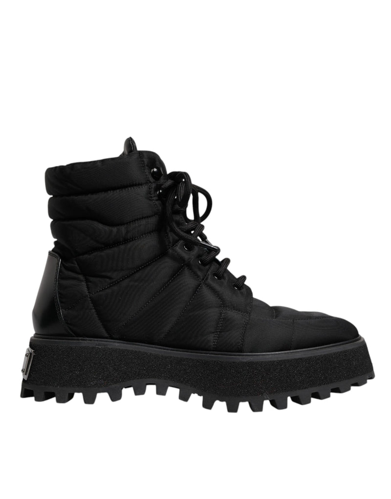 Black Padded Mid Calf Lace Up Boots Shoes-Dolce & Gabbana-LabelTerrace.com
