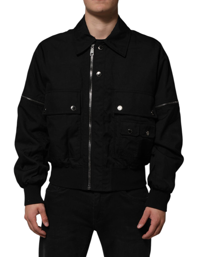 Black Patch Pocket Full Zip Bomber Jacket-Dolce & Gabbana-LabelTerrace.com