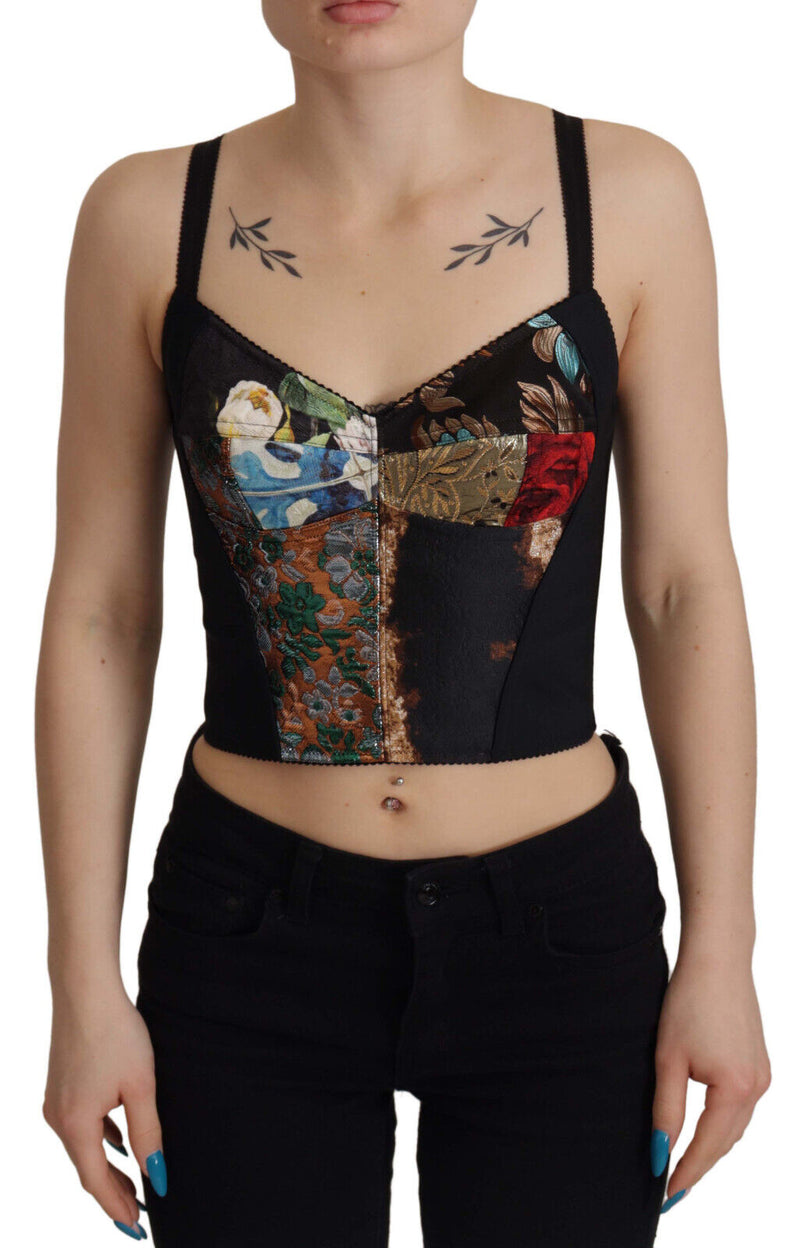 Black Patchwork Sicily Blouse Corset Cropped Top-Dolce & Gabbana-LabelTerrace.com
