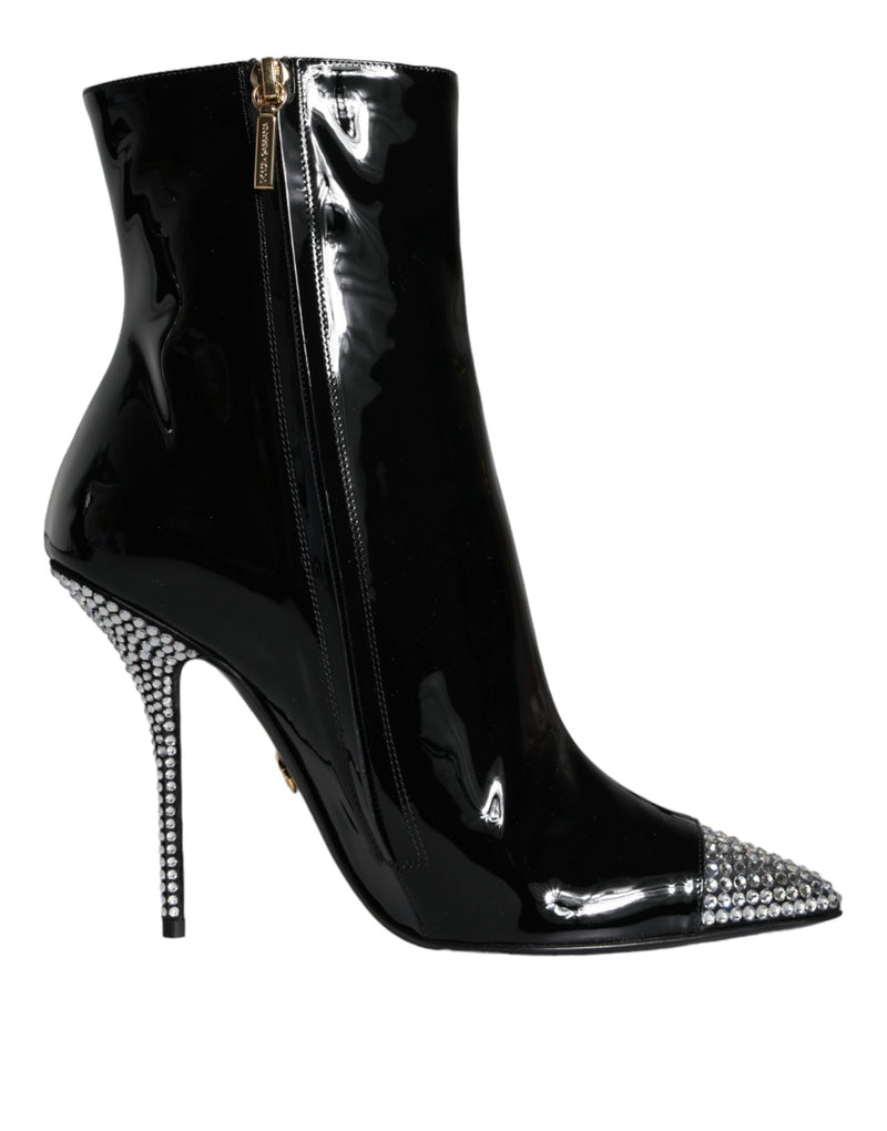 Black Patent Leather Crystal Heel Boots Shoes-Dolce & Gabbana-LabelTerrace.com