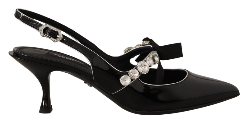 Black Patent Leather Crystal Slingbacks Shoes-Dolce & Gabbana-LabelTerrace.com