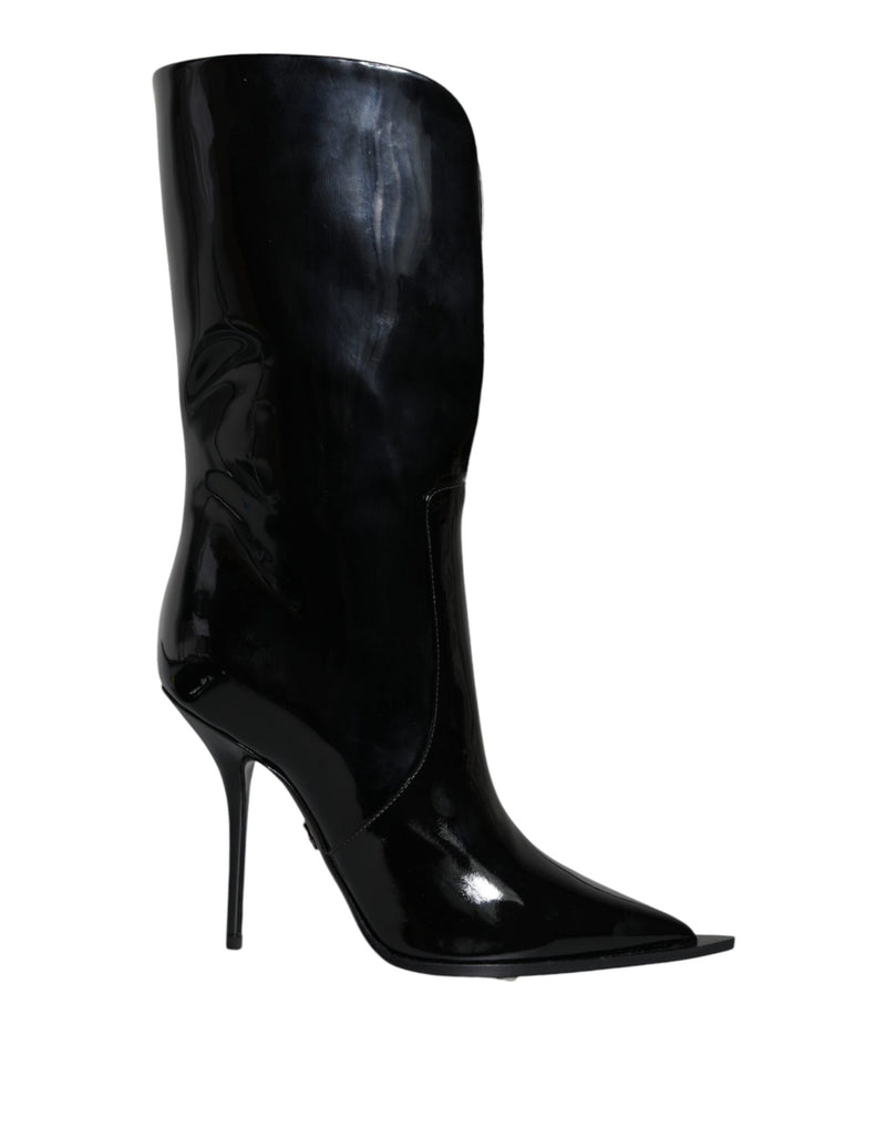 Black Patent Leather Mid Calf Boots Shoes-Dolce & Gabbana-LabelTerrace.com