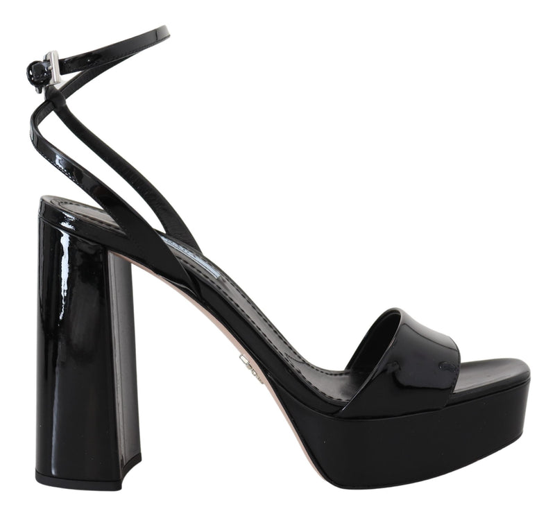 Black Patent Sandals Ankle Strap Heels Leather-Prada-LabelTerrace.com