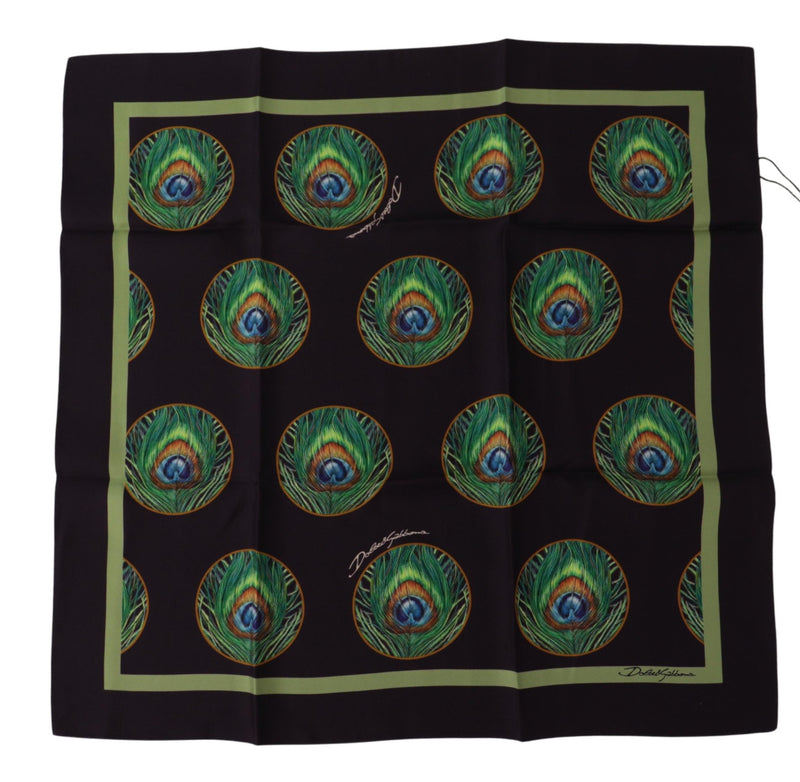 Black Peacock Feather DG Printed Square Handkerchief Scarf-Dolce & Gabbana-LabelTerrace.com