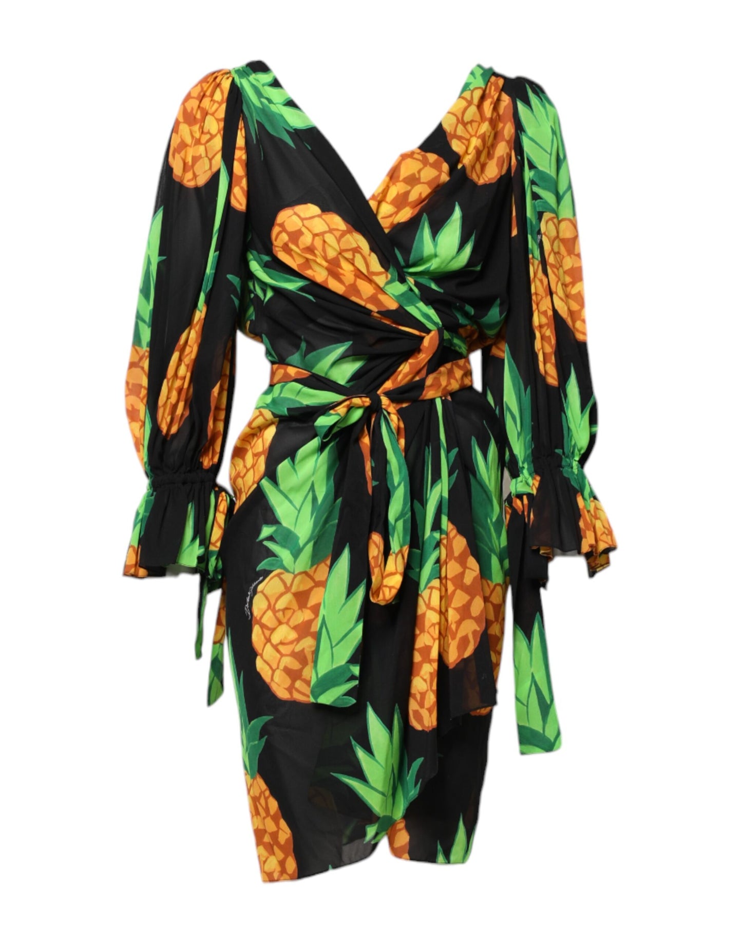 Black Pineapple Print Silk Wrap Mini Dress-Dolce & Gabbana-LabelTerrace.com
