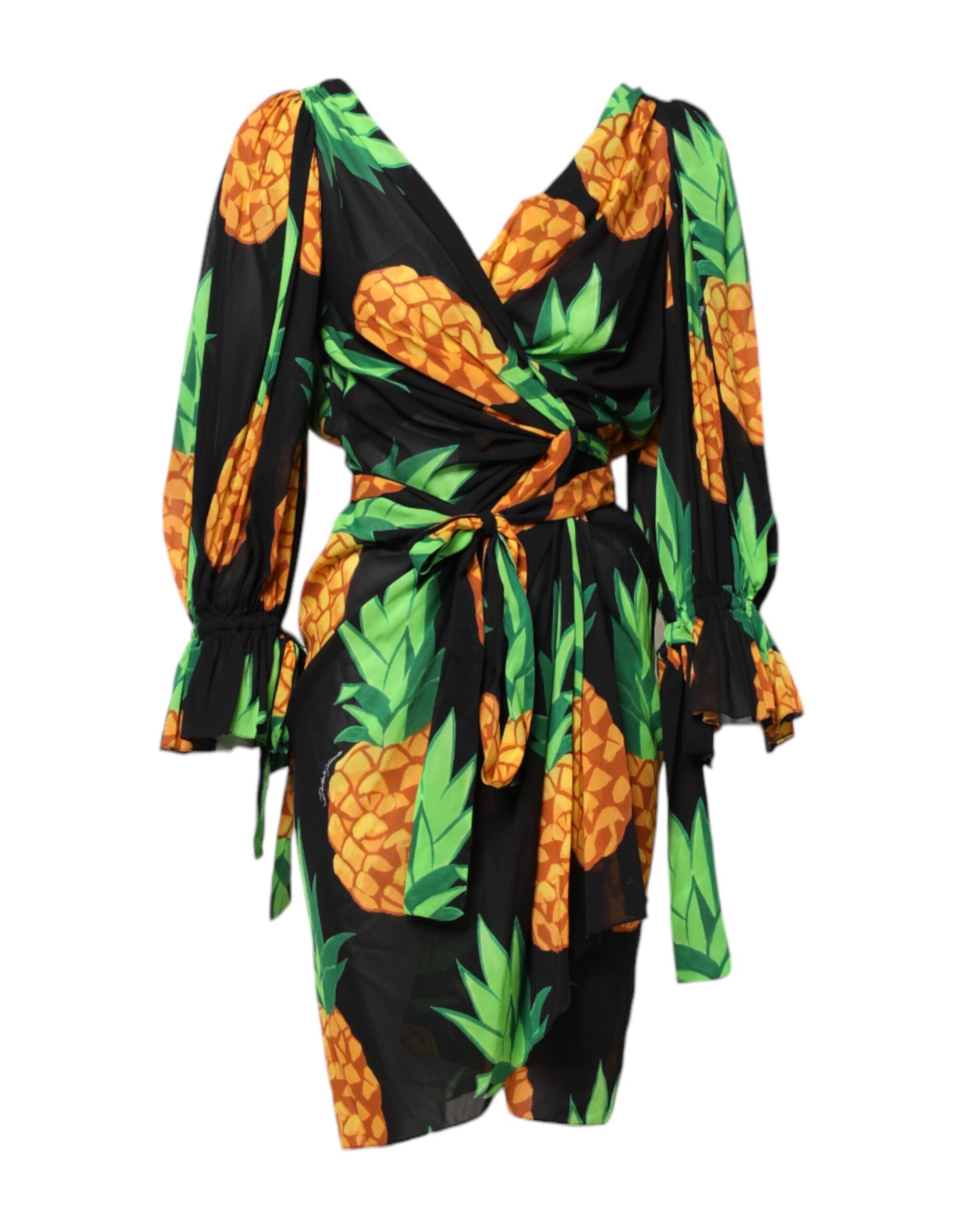 Black Pineapple Print Silk Wrap Mini Dress-Dolce & Gabbana-LabelTerrace.com