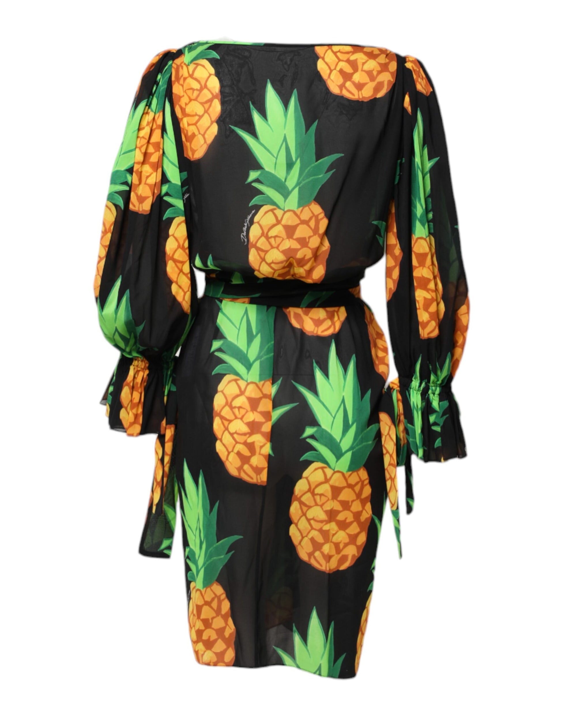 Black Pineapple Print Silk Wrap Mini Dress-Dolce & Gabbana-LabelTerrace.com