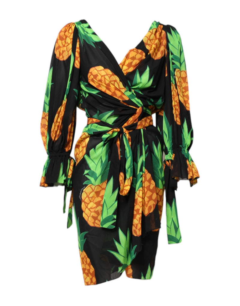 Black Pineapple Print Silk Wrap Mini Dress-Dolce & Gabbana-LabelTerrace.com