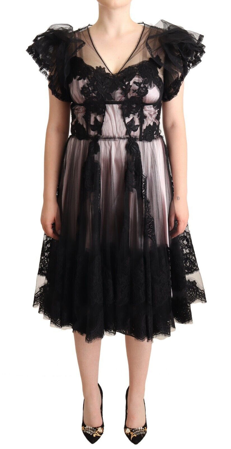 Black Pink Floral Lace A-line Midi Sheer Dress-Dolce & Gabbana-LabelTerrace.com