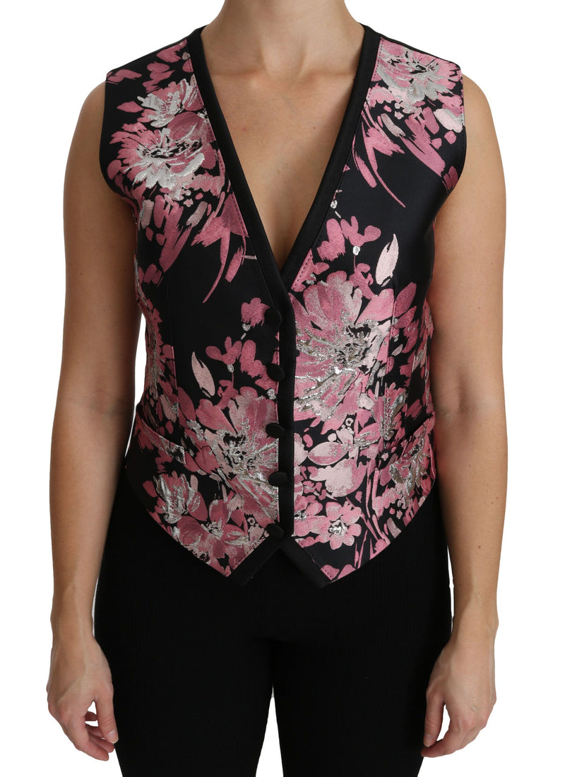 Black Pink Floral Waistcoat Vest Blouse Top-Dolce & Gabbana-LabelTerrace.com