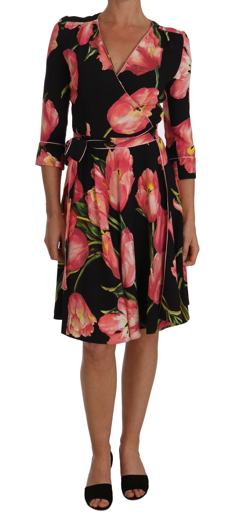 Black Pink Tulip Print Stretch Shift Dress-Dolce & Gabbana-LabelTerrace.com