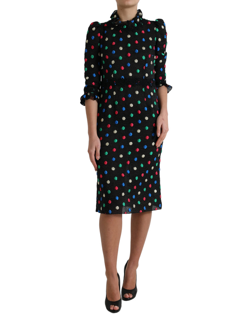 Black Polka Dot Ruffle Cotton Midi Dress-Dolce & Gabbana-LabelTerrace.com