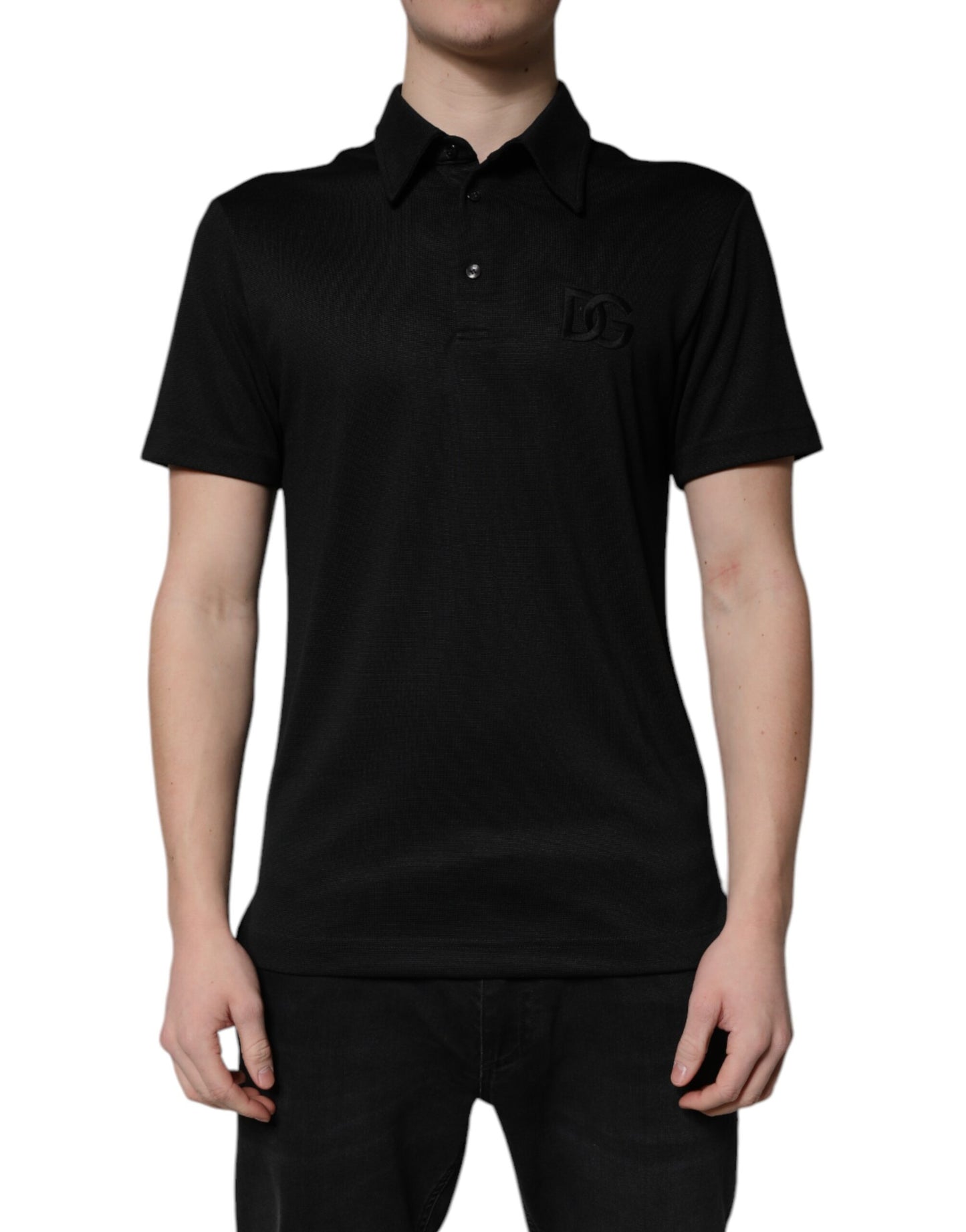 Black Polyester DG Logo Collared Polo T-shirt-Dolce & Gabbana-LabelTerrace.com