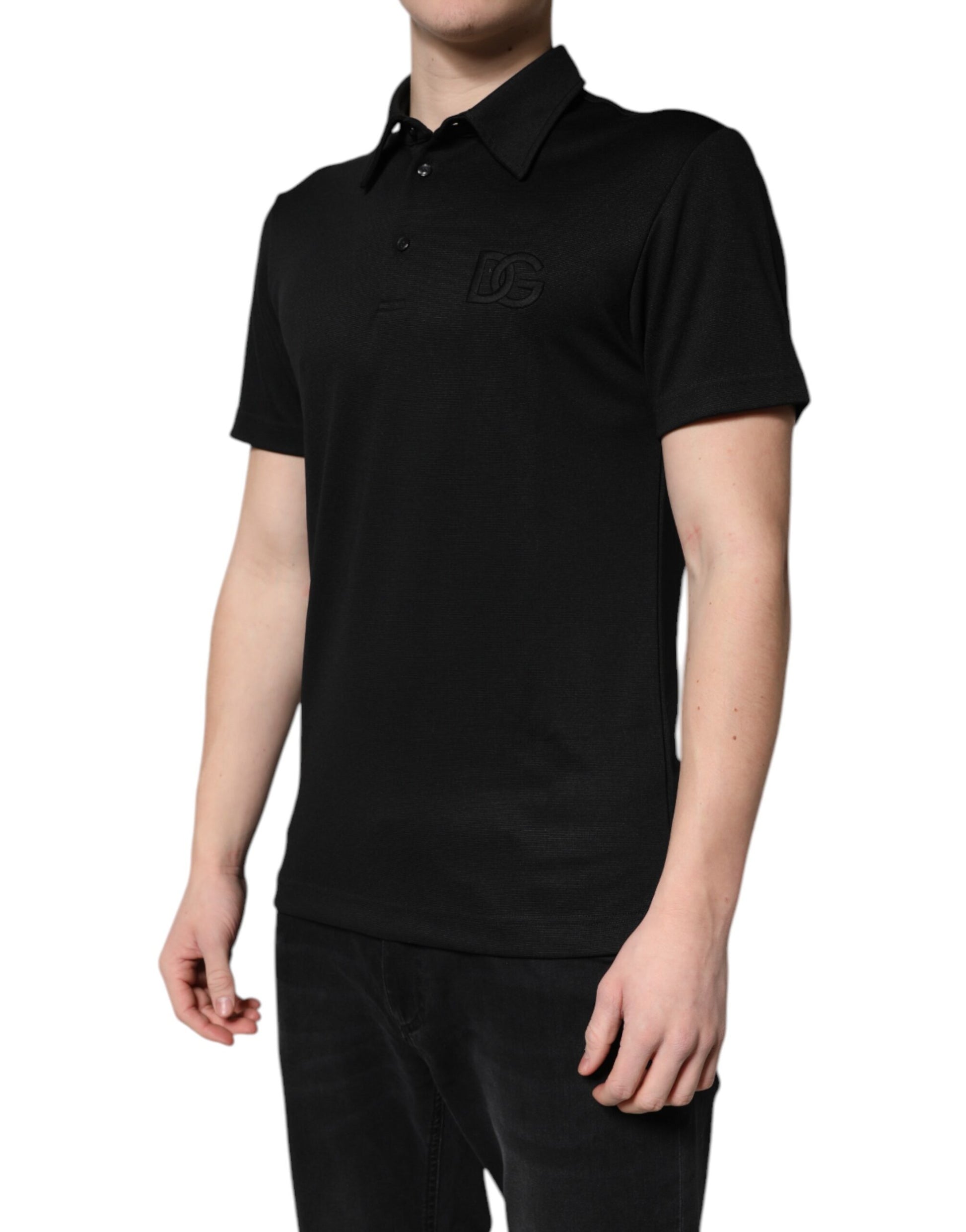 Black Polyester DG Logo Collared Polo T-shirt-Dolce & Gabbana-LabelTerrace.com