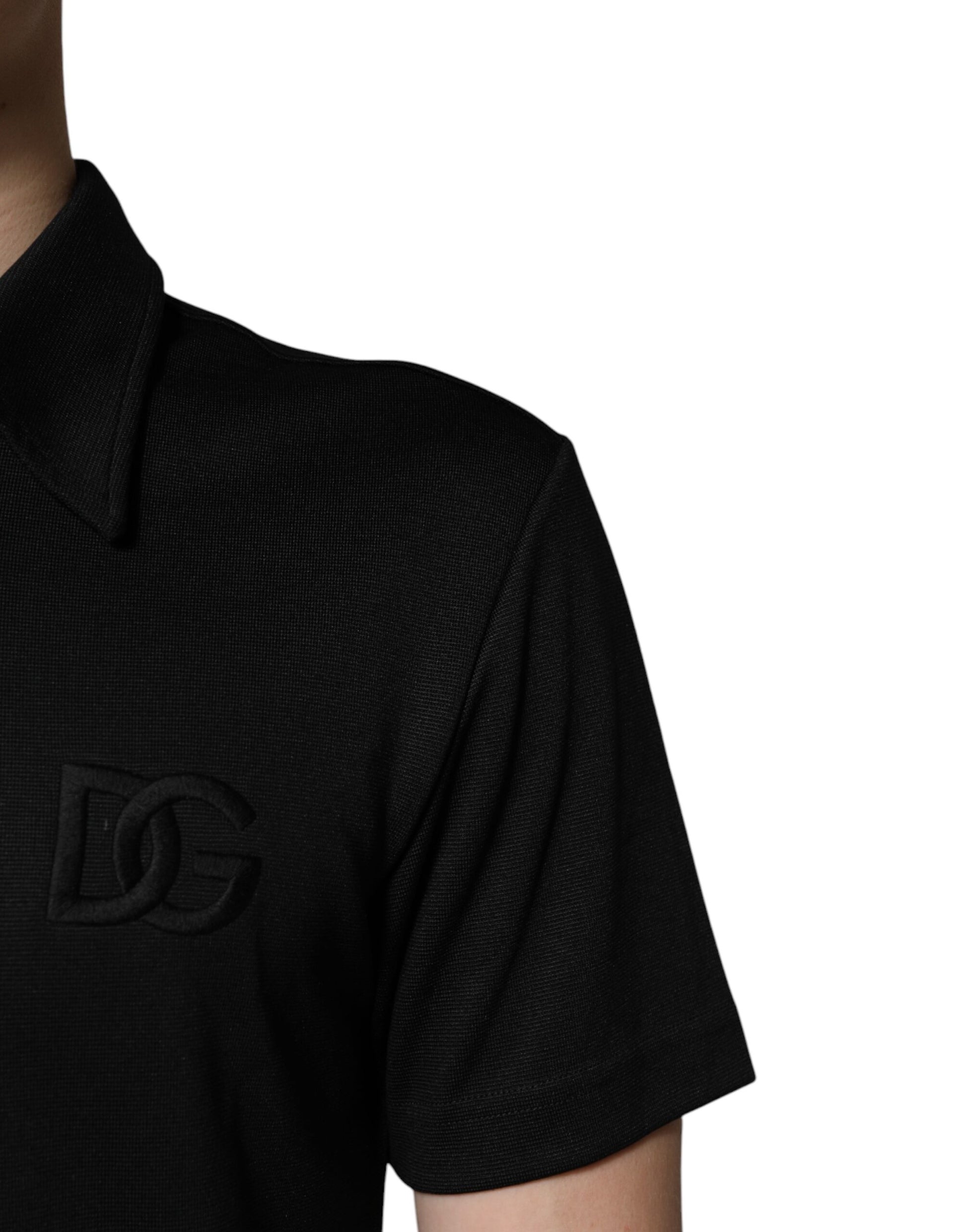 Black Polyester DG Logo Collared Polo T-shirt-Dolce & Gabbana-LabelTerrace.com