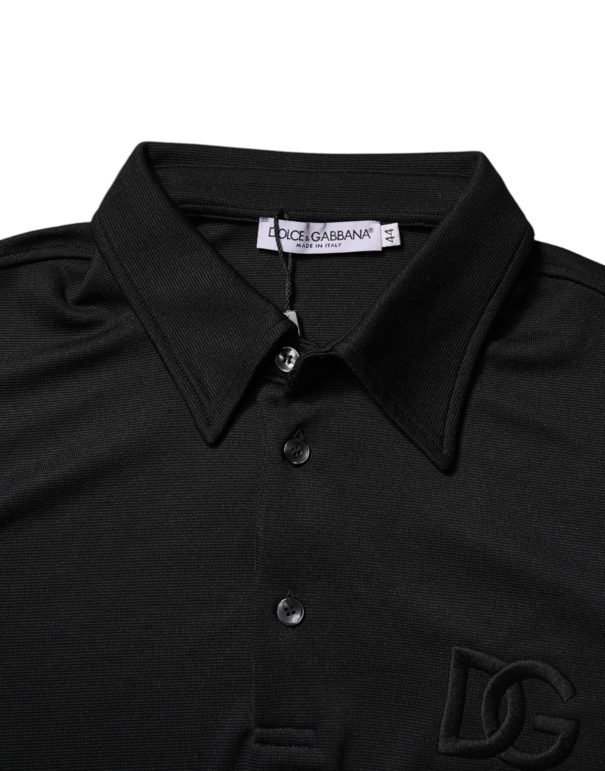 Black Polyester DG Logo Collared Polo T-shirt-Dolce & Gabbana-LabelTerrace.com