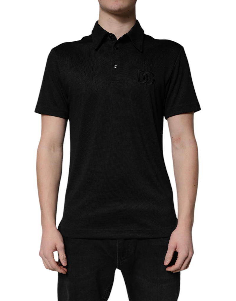 Black Polyester DG Logo Collared Polo T-shirt-Dolce & Gabbana-LabelTerrace.com