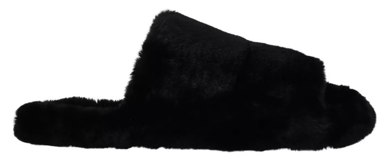 Black Polyester Faux Fur Mens Flats Sandals Shoes-Dolce & Gabbana-LabelTerrace.com