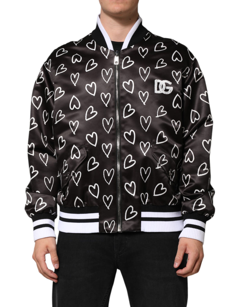 Black Polyester Heart Print Bomber Jacket-Dolce & Gabbana-LabelTerrace.com